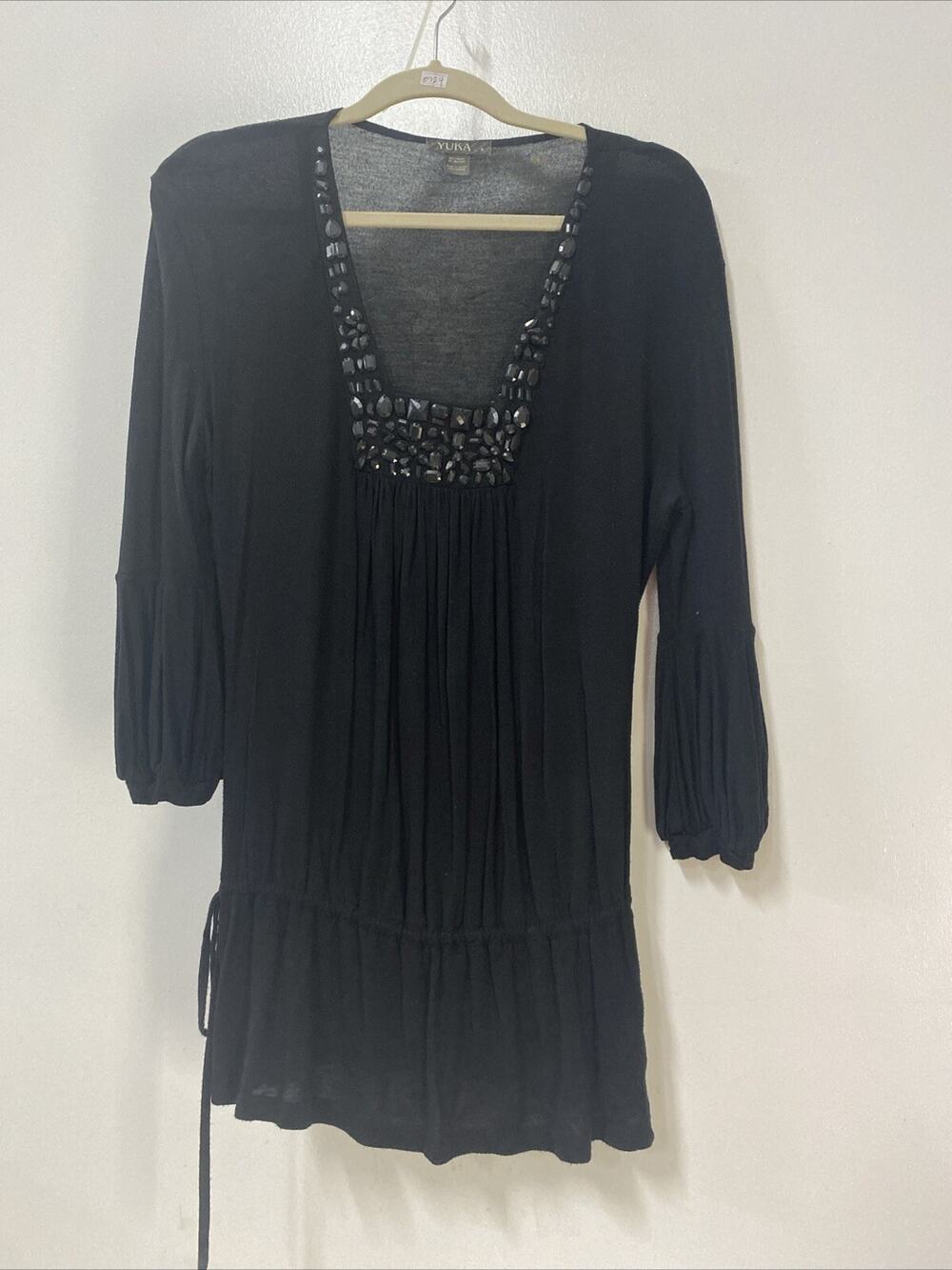 Yuka Women’s Black Tunic Top With Black Rhinestones And Tie Bottom Size Small